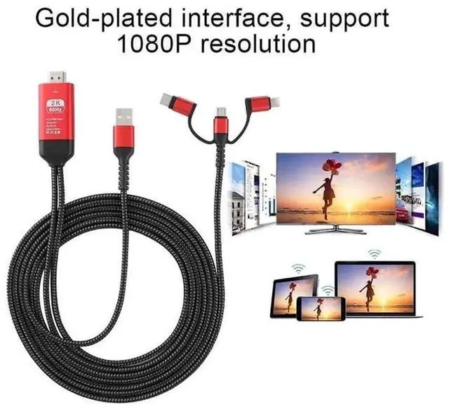 Alt view image 3 of 7 - JAENFONG 3 in 1 2M Type-C to Hd MHL Cable Audio Video Cable Micro USB Projection for iPhone Android to TV/Projector HDTV
