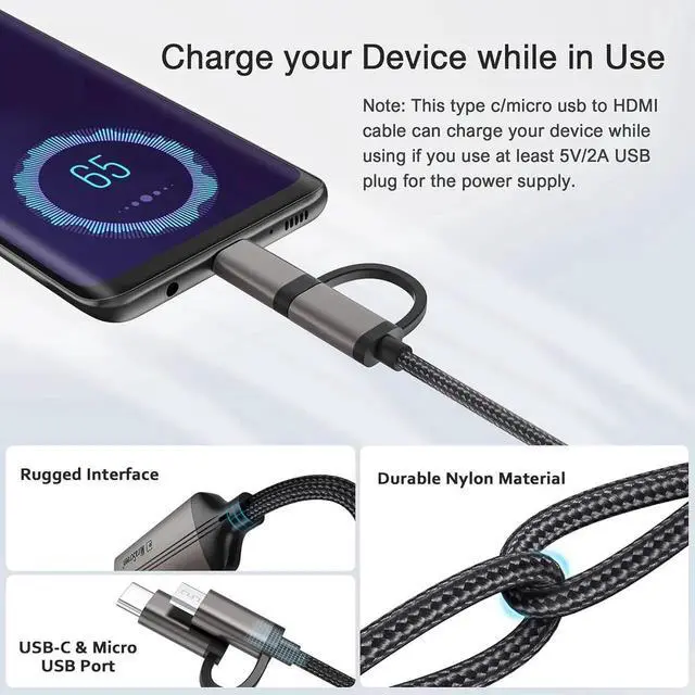 Alt view image 2 of 7 - JAENFONG 2-in-1 USB Type C/Micro USB Android Phone to TV HDMI Cable MHL to HDMI Adapter 1080P HD HDTV Mirroring & Charging Cable for Most Android Smartphones Tablets to TV/Projector/Monitor 6.6ft