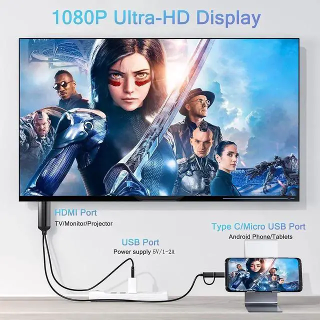 Alt view image 6 of 7 - JAENFONG 2-in-1 USB Type C/Micro USB Android Phone to TV HDMI Cable MHL to HDMI Adapter 1080P HD HDTV Mirroring & Charging Cable for Most Android Smartphones Tablets to TV/Projector/Monitor 6.6ft