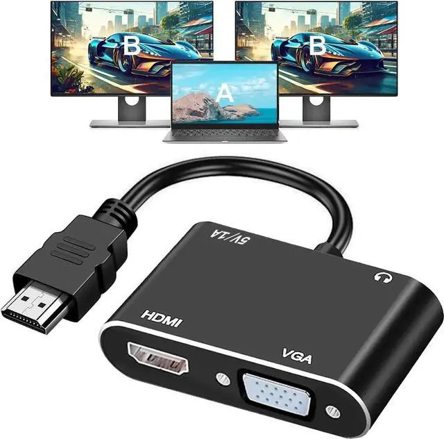 Main image of JAENFONG HDMI to VGA+HDMI Adapter for Dual Monitor HDMI to VGA & HDMI Splitter 2-in-1 1080P@60HZ Full HD Display Video Converter Compaitble with Windows/Mac Os/Linux Plug & Play