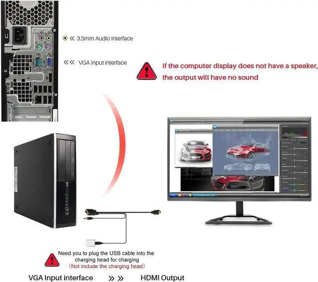 Alt view image 2 of 6 - JAENFONG VGA to HDMI Adapter Cable 6Ft/1.8m VGA to HDMI 1080P HD Audio TV AV HDTV Video Converter Cord with 3.5mm Audio Cable & USB Power Cable for PC Computer Desktop Laptop Projector