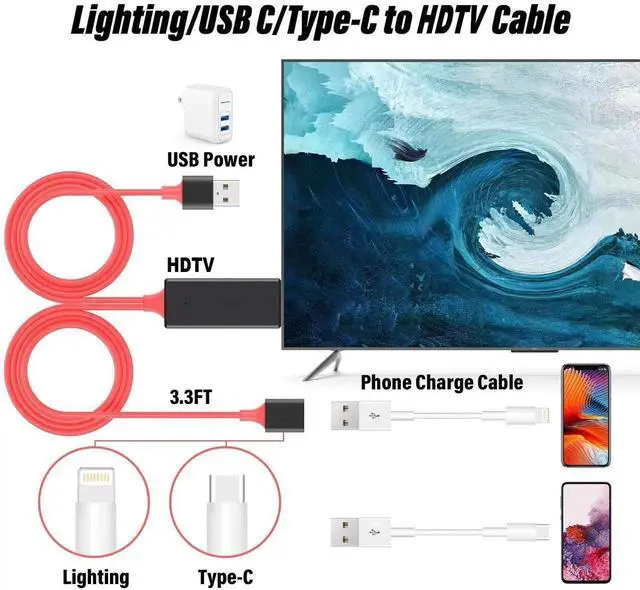 Alt view image 2 of 7 - JAENFONG USB to HDTV Cable Wire Dongle - HDMI Male to USB Female 1080P HDTV Mirroring Cable for Phone/Pad/S9/S8/Note 8 and More Streaming Sharing (Red)