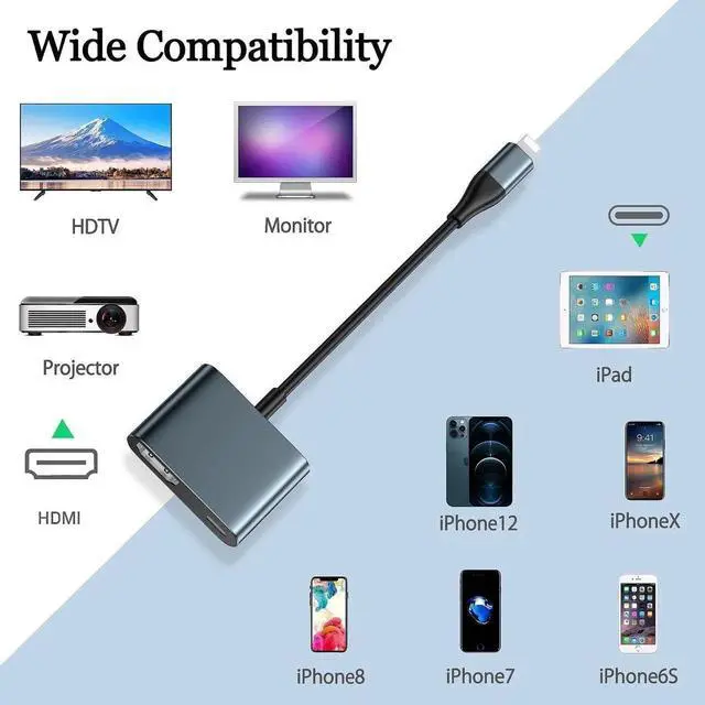 Alt view image 2 of 7 - Lightning to HDMI Digital AV Adapter 1080P HD Video HDMI Sync Screen and Audio Connector Cable with Charging Port Compatible with iPhone 14/ 13/ 12/iPad on HDTV/Projector/Monitor Support iOS17/16/15