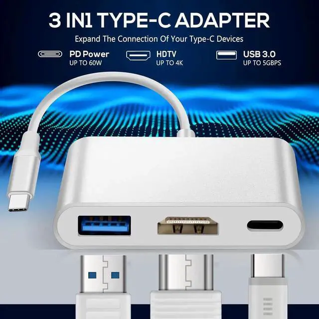 Alt view image 3 of 6 - JAENFONG USB C to HDTV Adapter USB C Type C Multiport Adapter 3 in 1 hub Thunderbolt 3 Converter to HDTV 4K+USB 3.0+USB-C Fasting Charging Port Compatible for MacBook/MacBook Pro/air/Chromebook