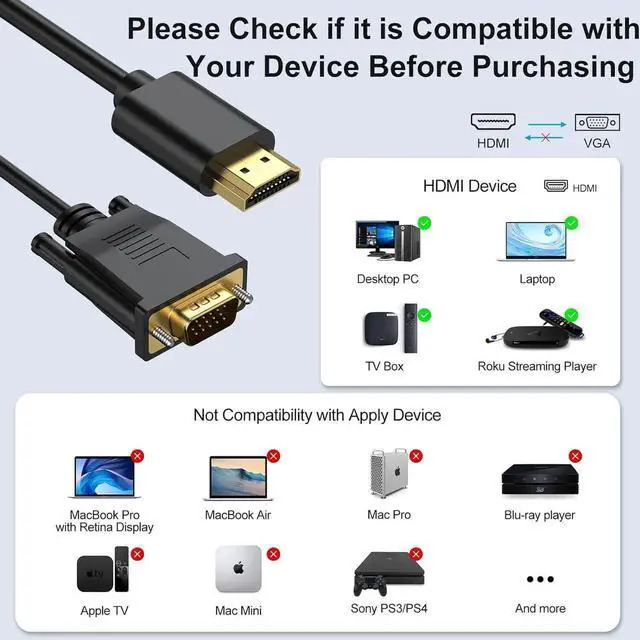 Alt view image 4 of 7 - JAENFONG HDMI to VGA Cable 6 Feet Computer HDMI to VGA Monitor Cable HD 1080P Video Cord Compatible for Computer Desktop Laptop PC Monitor Projector HDTV and More-NOT Bidirectional