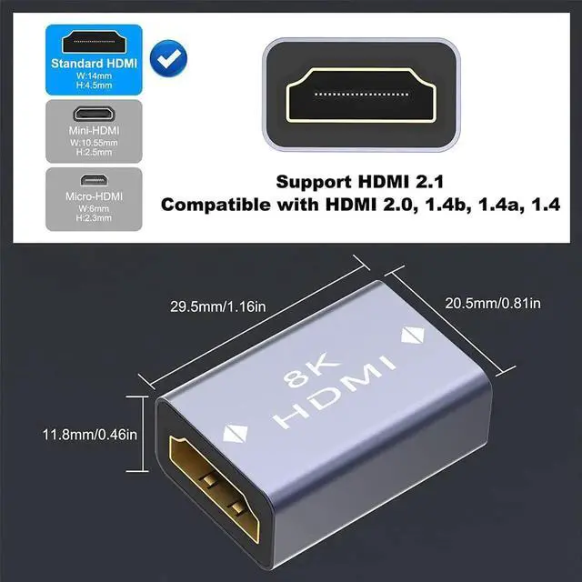 Alt view image 4 of 6 - JAENFONG HDMI Coupler 8K HDMI 2.1 Female to Female Extension Adapter to Extend 2 Short Cables Support 8K@60Hz / 4K@120Hz 120UHD 3D HDR ARC Compatible with Laptop PC Monitor TV 2 Pack