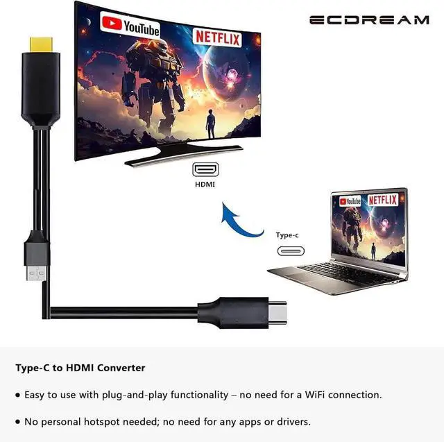 Alt view image 2 of 6 - JAENFONG USB C to HDMI Cable Phone to TV Adapter 6Ft 4K Display & Charging for MacBook Pro/iPad Pro/Chromebook/Laptop/ Phones to TV/Monitor/Projector