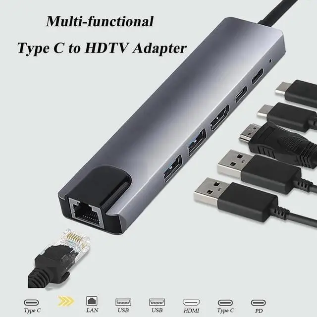 Alt view image 3 of 7 - JAENFONG 6 in 1 Type C to HDTV Adapter USB C Hub with LAN Port 4K HDMI Output USB C Adapter Compatible with MacBook Series Chromebook Laptop Mouse Keyboard Flash Drive Hard Disk