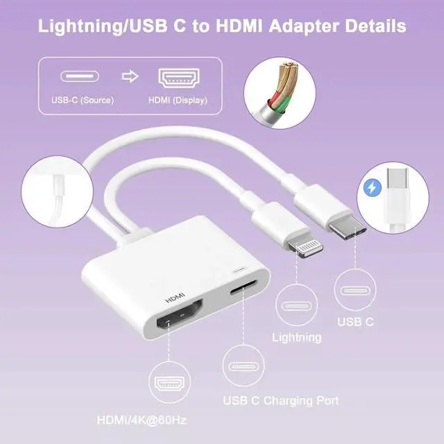 Alt view image 3 of 7 - [MFi Certified] Lightning and USB-C to HDMI Adapter 4K@60Hz 2 in 1 Lightning/Type C Digital AV HDMI Adapter Cord Compatible with iPhone 17 16 15 14 13 12 11 Pro Max XS XR X for HDTV/Projector/Monitor