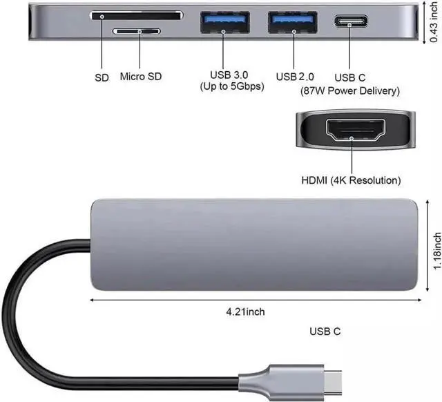 Alt view image 2 of 7 - JAENFONG USB C Hub, USB Hub to HDMI Multiport USB C Dongle Adapter 6 in 1 with 4K HDMI Output, USB A 3.0&2.0Ports,SD/Micro SD Card Reader,100W PD,Compatible with MacBook Pro Air and More Type C