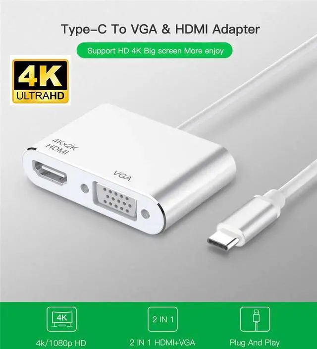 Main image of JAENFONG USB C to HDMI Adapter,  USB C Hub to HDMI/VGA, 2 in 1 Thunderbolt 3 to HDMI 4K,1080P VGA Type C Port Compatible for MacBook,Nintendo Switch,USB C Device ,Silver