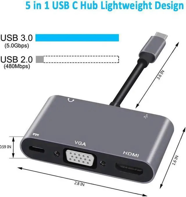 Alt view image 4 of 7 - USB C to VGA HDMI 4K Adapter, Type C to HDMI,VGA,USB C PD Charging, USB 3.0 Port, 3.5mm Audio Port Hub,Compatible with MacBook Pro 2018,iPad Pro 2018, Dell XPS 13/15,Surface Go,Samsung USB C Device