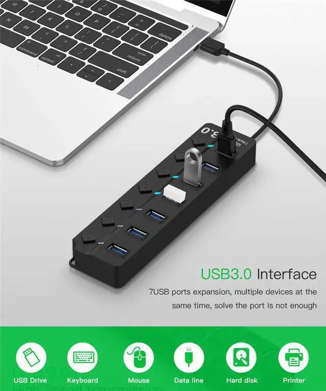 Main image of JAENFONG Powered USB Hub, 7-Port USB Hub 3.0 Powered, Multi USB Port Expander with Individual On/Off Switches and 5V DC Power Adapter for Laptop,PC,Mac,MacBook Pro,PS4,TV(Black)