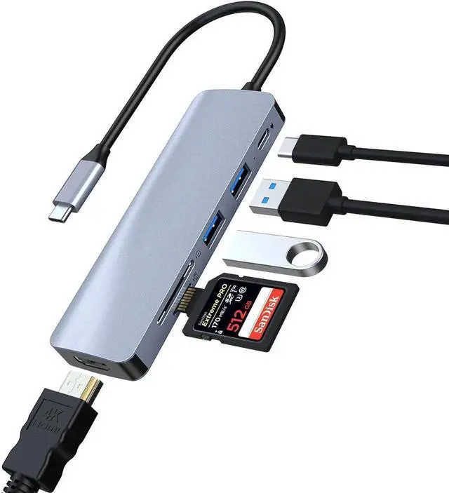 Main image of JAENFONG USB C Hub, Type-C Hub Adapter 6 in 1 with HDMI 4K@30Hz, 100W PD Charging, USB3.0 5Gbps Data Port, USB 2.0, SD/TF, USB C Multiport Dongle for MacBook Pro and Other Type C Devices
