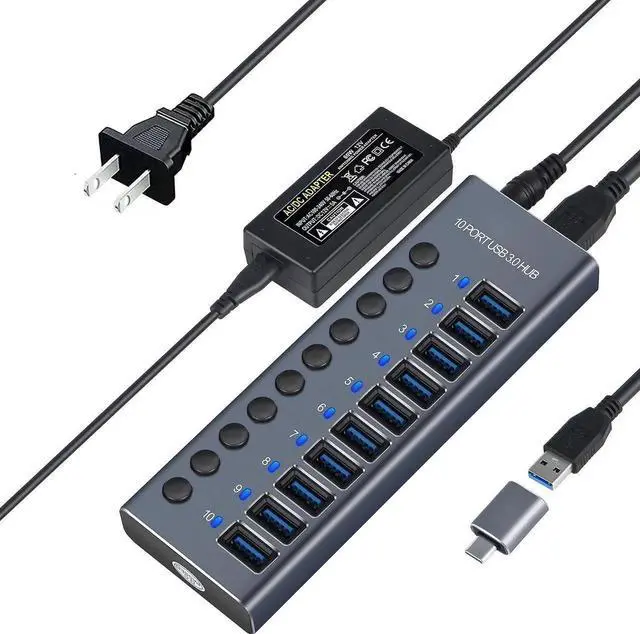 Main image of JAENFONG Powered USB Hub 3.0 Aluminum, 10-Port USB Splitter Hub with Individual On/Off Switches and 12V/5A Power Adapter USB Extension for MacBook, Mac Pro/Mini and More