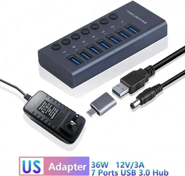 Main image of JAENFONG Powered USB 3.0 Hub7 Ports 36W Powered USB Hub Aluminum USB Splitter with Individual On/Off Switches and 12V/3A Power Adapter for PC, Laptops, MacBook Pro/Air, iMac