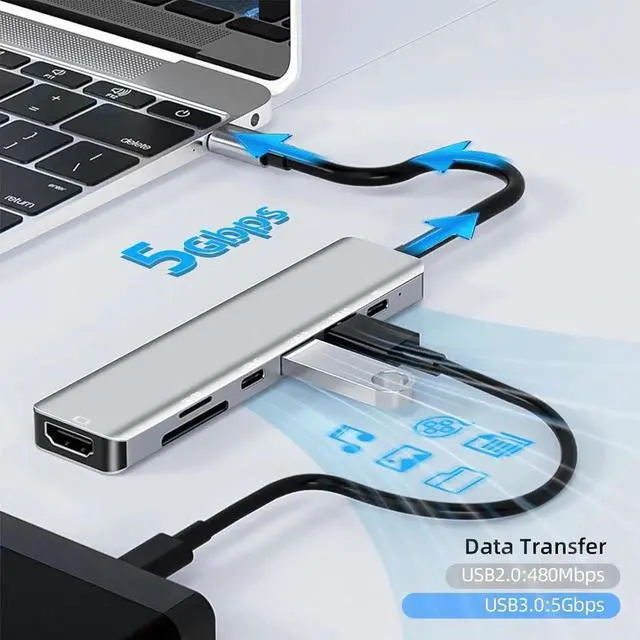 Alt view image 3 of 7 - JAENFONG USB C Hub for Laptop 7 in 1 USB C Dongle 4K HDMI, 100W PD Charging, USB-C & USB-3.0 5Gbps Data Ports, USB-A, SD/TF Card Reader for MacBook Pro/Air, iPad Pro, and Other Type C Laptops