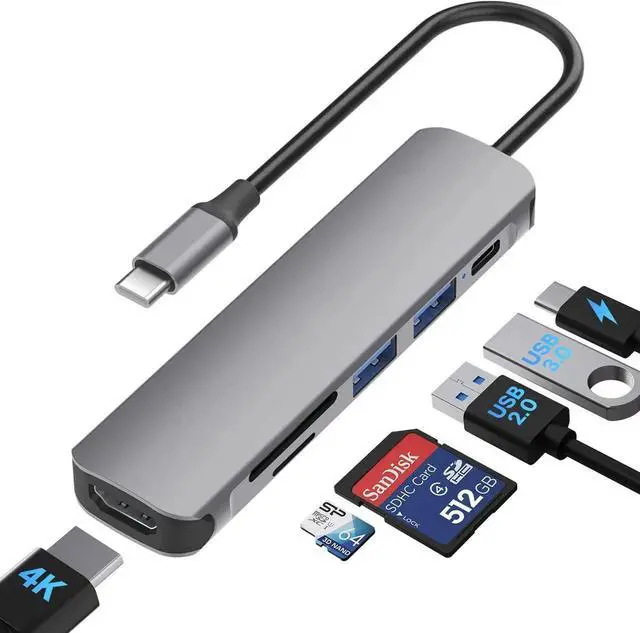 Main image of JAENFONG 6 in 1 USB C to HDMI Adapter 4K@30Hz with 100W PD Charging, USB 3.0, USB 2.0, SD/TF Card Reader Compatible with Mac M1, M2, M3, iPad, iPhone 15 Pro/Pro Max, More Type C Devices