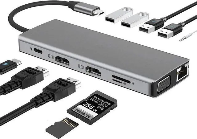 Main image of JAENFONG USB C Hub, Dual HDMI Docking Station Triple Display 12 in 1 USB C Laptop Adapter with 2x HDMI PD3.0 ,4 USB SD TF Card Reader Gigabit Ethernet Audio for MacBook Pro/Air/M1/M2 & Windows