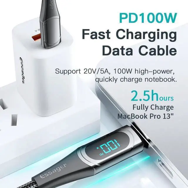 Alt view image 3 of 7 - JAENFONG  PD 100W USB C to USB C Cable,5A 20V Fast Charging USB C Cable with LED Display Nylon Braided Charger Cord Type C Cable for Samsung S21 S20 iPad Pro Google Pixel LG (3.3FT, 1-PACK)