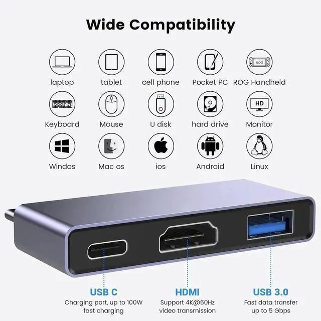 Alt view image 3 of 6 - JAENFONG USB C to HDMI Multiport Adapter - Type C to 4K HDMI Adapter with Charging Supports 4K UHD Video USB 3.0 Port 100W USB-C Fast Charging for Monitor TV Laptop