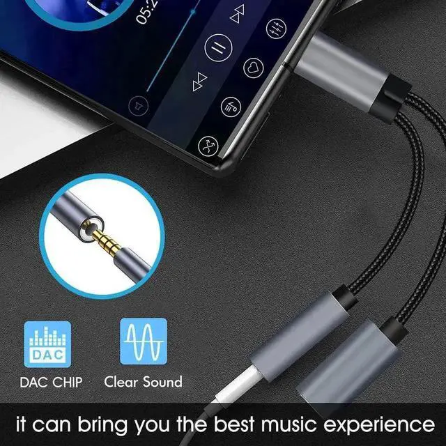 Alt view image 2 of 7 - JAENFONG USB Type C to 3.5mm Headphone and Charger Adapter 2-in-1 USB C to Aux Audio Jack Hi-Res DAC and Fast Charging Dongle Cable Compatible with iPhone 16/15 Pro Max Galaxy S25 S24 Ultra (Grey)