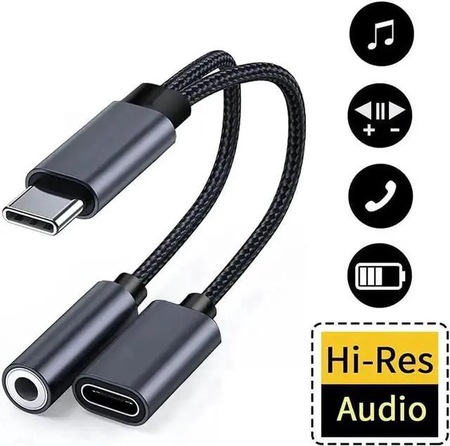 Main image of JAENFONG USB Type C to 3.5mm Headphone and Charger Adapter 2-in-1 USB C to Aux Audio Jack Hi-Res DAC and Fast Charging Dongle Cable Compatible with iPhone 16/15 Pro Max Galaxy S25 S24 Ultra (Grey)