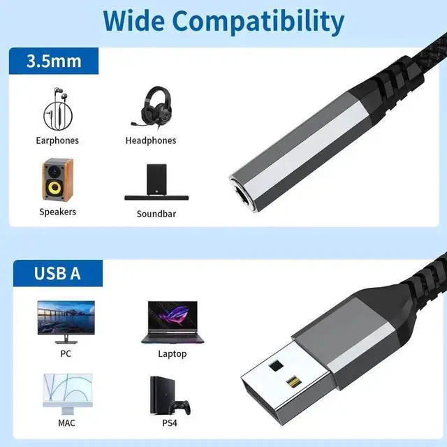 Alt view image 3 of 6 - JAENFONG USB to 3.5mm Jack Audio Adapter (2-Pack) USB to Audio Jack Adapter Headset USB-A to 3.5mm TRRS 4-Pole Mic Female External Stereo Sound Card for Headphone Mac PS4 PS5 PC Laptop Desktops