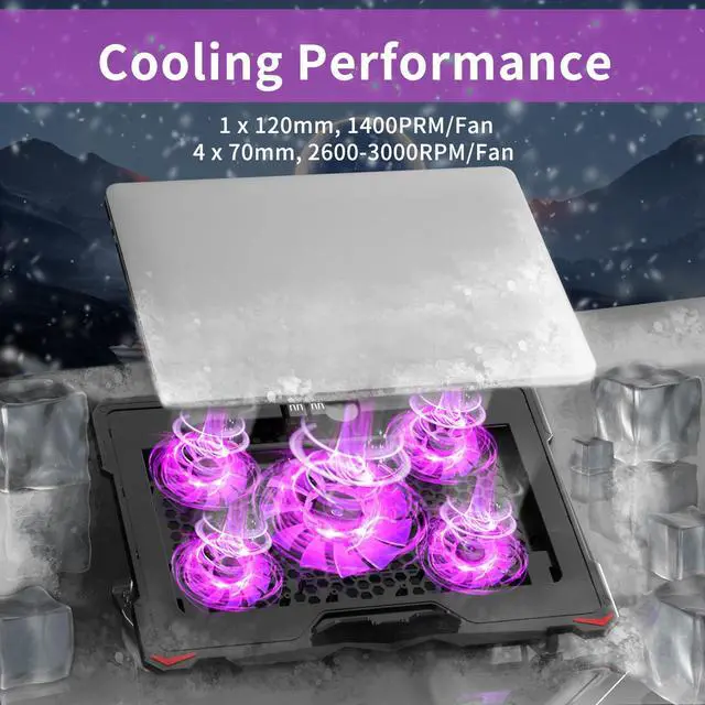 Alt view image 2 of 7 - AICHESON Laptop Cooling Pad for 15.6 to 17.3 Inches PC Notebooks, 5 Fans Computer Cooler Stands with Purple Lights Desk Chiller Mat, S035