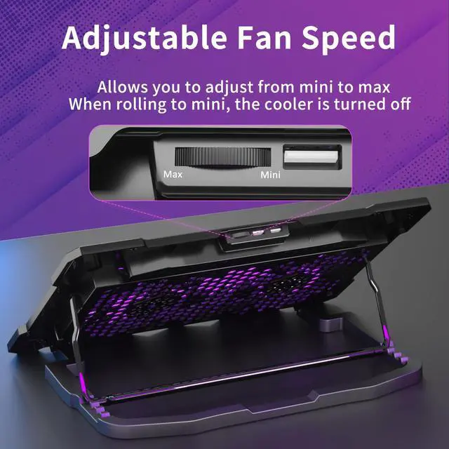 Alt view image 7 of 7 - AICHESON Laptop Cooling Pad for 15.6 to 17.3 Inches PC Notebooks, 5 Fans Computer Cooler Stands with Purple Lights Desk Chiller Mat, S035