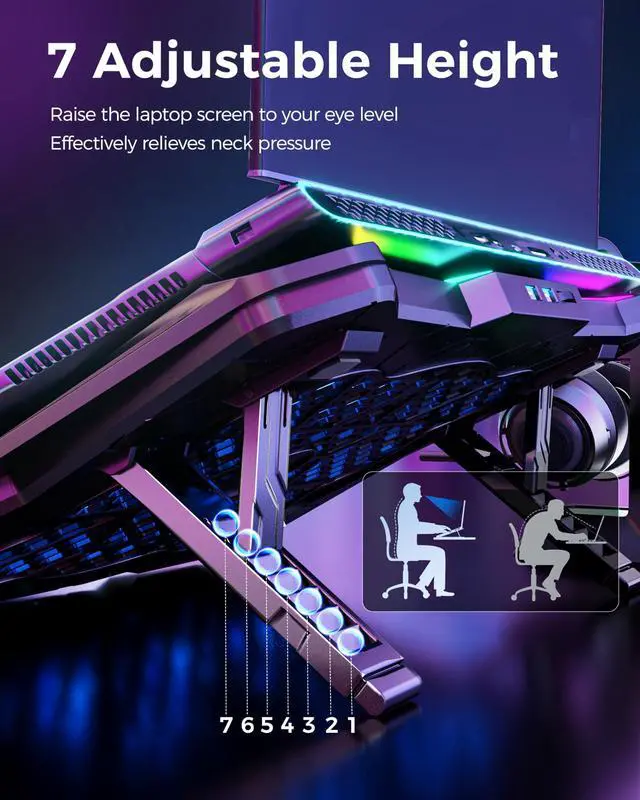 Alt view image 3 of 7 - Gaming Laptop Cooling Pad with 8 Fans, RGB Computer Stand for 15.6-17.3 Inch Notebook with 7 Height Slots, 2 USB Ports, AA3