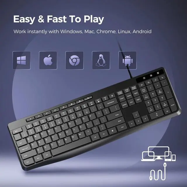 Alt view image 7 of 7 - Wired Keyboard,Quiet Keyboard, Multimedia USB Computer Keyboard, Silent Keyboardwith Low Profile Chiclet Keys,Large Number Pad,Spill-Resistant,Anti-Wear Letters,Full Size for Laptop,Desktop