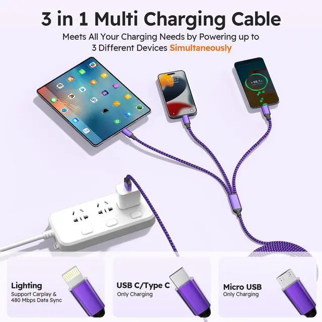 Alt view image 3 of 7 - USB A + USB C Multi Charging Cable, 3 in 1 Chargers for Multiple Devices, Universal Charger with Multiple Connectors Type C, IP, Micro USB Cable for iPhone17/16/15/14, iPad, Galaxy, Kindle(2Pack 4FT)