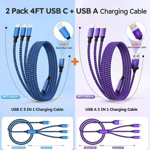 Alt view image 2 of 7 - USB A + USB C Multi Charging Cable, 3 in 1 Chargers for Multiple Devices, Universal Charger with Multiple Connectors Type C, IP, Micro USB Cable for iPhone17/16/15/14, iPad, Galaxy, Kindle(2Pack 4FT)