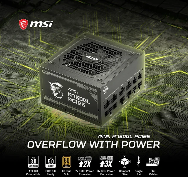 Alt view image 2 of 7 - MSI MAG A750GL PCIE5, Fully Modular Compact Gaming 750W Power Supply, 80+ Gold, ATX 3.1 & PCIe 5.1 Ready, Native Dual-Color 12V-2x6 Cable, 10 Year Warranty