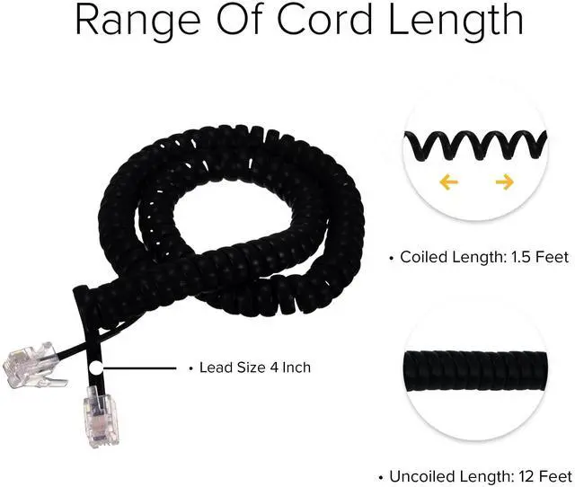Alt view image 4 of 5 - Lumenzi Durable 4 Inch Lead Handset Cord - Flat Black Telephone Cable for Clear Communication and Strength - Perfect for Home or Office - 12 FT