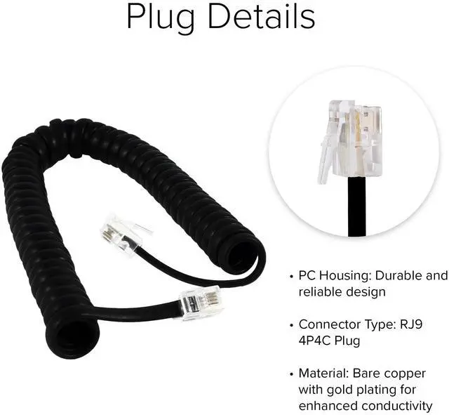 Alt view image 3 of 5 - Lumenzi Durable 4 Inch Lead Handset Cord - Flat Black Telephone Cable for Clear Communication and Strength - Perfect for Home or Office - 12 FT