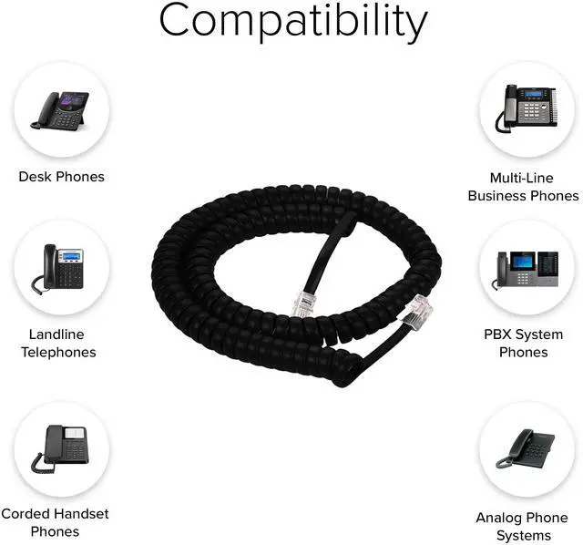 Alt view image 5 of 5 - Lumenzi Durable 4 Inch Lead Handset Cord - Flat Black Telephone Cable for Clear Communication and Strength - Perfect for Home or Office - 12 FT
