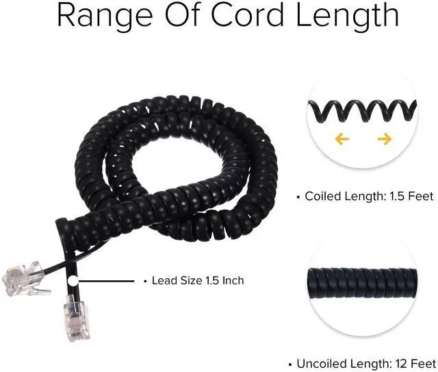 Alt view image 6 of 6 - Lumenzi Reliable 1.5 Inch Lead Handset Cord - Black Telephone Cable for Professional Use with Excellent Flexibility and Strength - 12 FT
