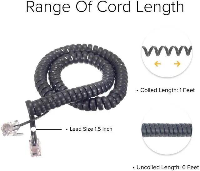 Alt view image 3 of 6 - Lumenzi Flexible 1.5 Inch Lead Handset Cord - Dark Gray Telephone Cable for Convenient Handset Connectivity in Home and Office - 6 FT