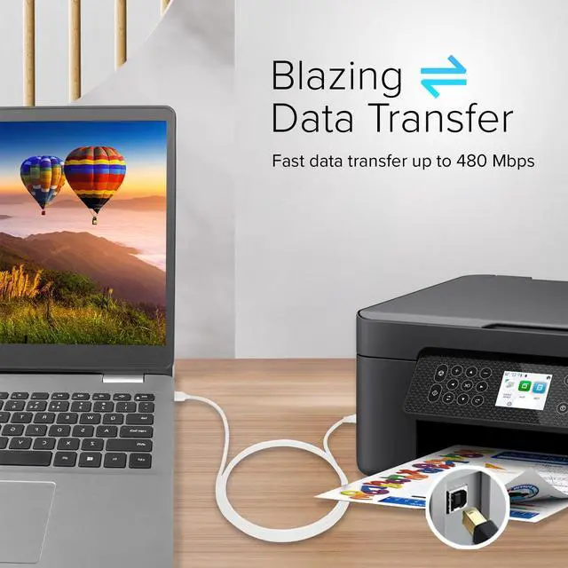 Alt view image 3 of 6 - Lumenzi USB 2.0 A to B Cable Male to Male | High-Speed Printer Cable, Data Transfer Cord, Durable USB Connector for PC, Laptop, Printer, Scanner, and Hard Drive - 9 FT
