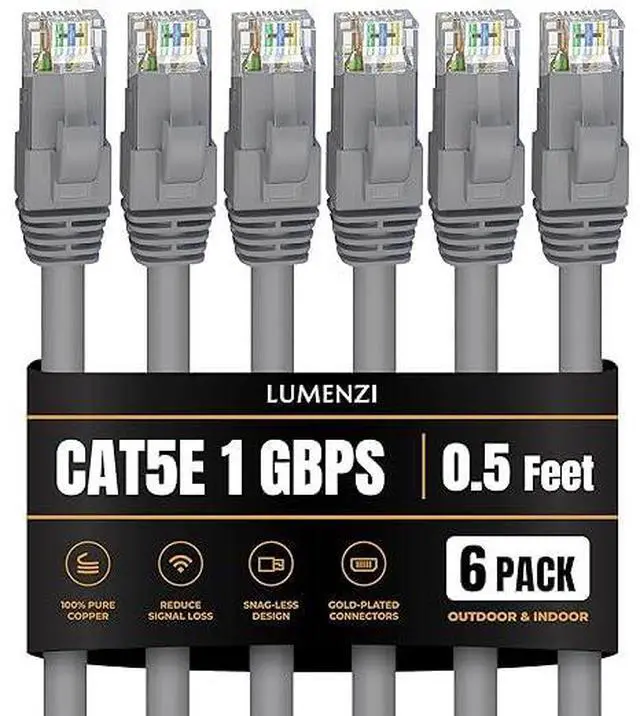 Main image of Lumenzi Cat 5e Ethernet Cable 0.5 FT in Grey 6 Pack UTP 1 Gbps Speed Network Short Round Direct Burial Bare Copper LAN Patch Cable for Router Gaming PS5 XBOX Printer Computer CCTV Camera