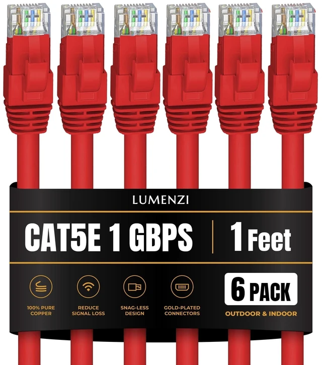 Main image of Lumenzi Cat 5e Ethernet Cable 1 FT in Red 6 Pack 1 Gbps Speed Network Short Round Rj45 Outdoor Indoor Direct Burial Bare Copper LAN Patch Cable for Router Gaming PS5 XBOX Printer Computer CCTV