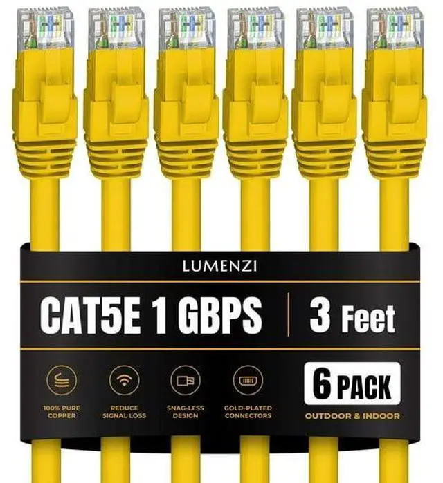 Main image of Lumenzi Cat 5e Ethernet Cable 3 FT in Yellow 6 Pack 1 Gbps Speed Network Short Round Rj45 Outdoor Indoor Direct Burial Bare Copper LAN Patch Cable for Router Gaming PS5 XBOX Printer Computer
