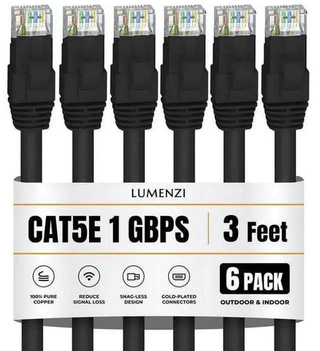 Main image of Lumenzi Cat 5e Ethernet Cable 3 FT in Black 6 Pack 1 Gbps Speed Network Short Round Rj45 Outdoor Indoor Direct Burial Bare Copper LAN Patch Cable for Router Gaming PS5 XBOX Printer Computer CCTV