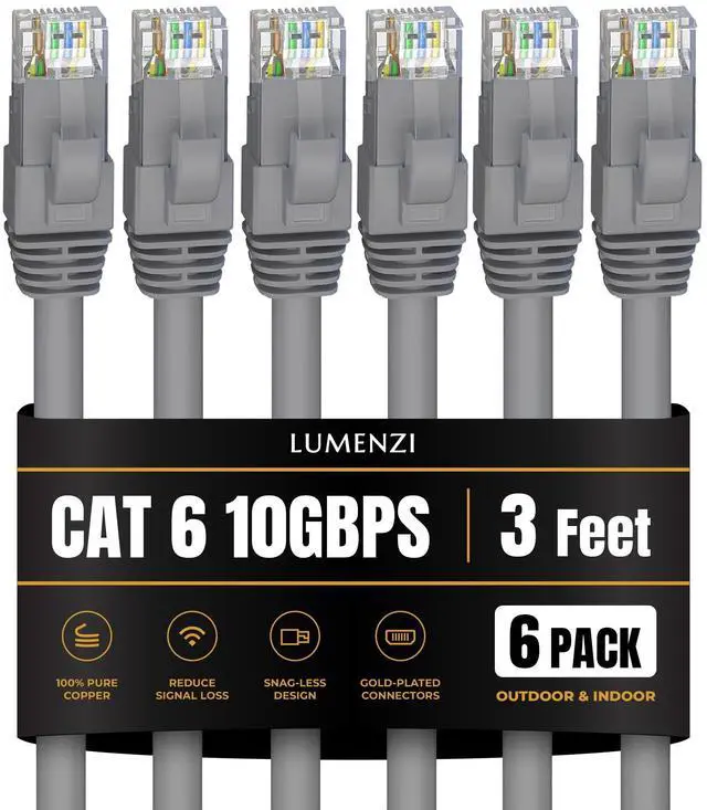 Main image of Lumenzi Cat 6 Ethernet Cable 3 FT in Grey 6 Pack  10 Gbps Speed Network  Short Round Rj45 Outdoor  Indoor  Direct Burial Bare Copper LAN Patch Cable for Router  Gaming  PS5 XBOX Printer Computer CCTV