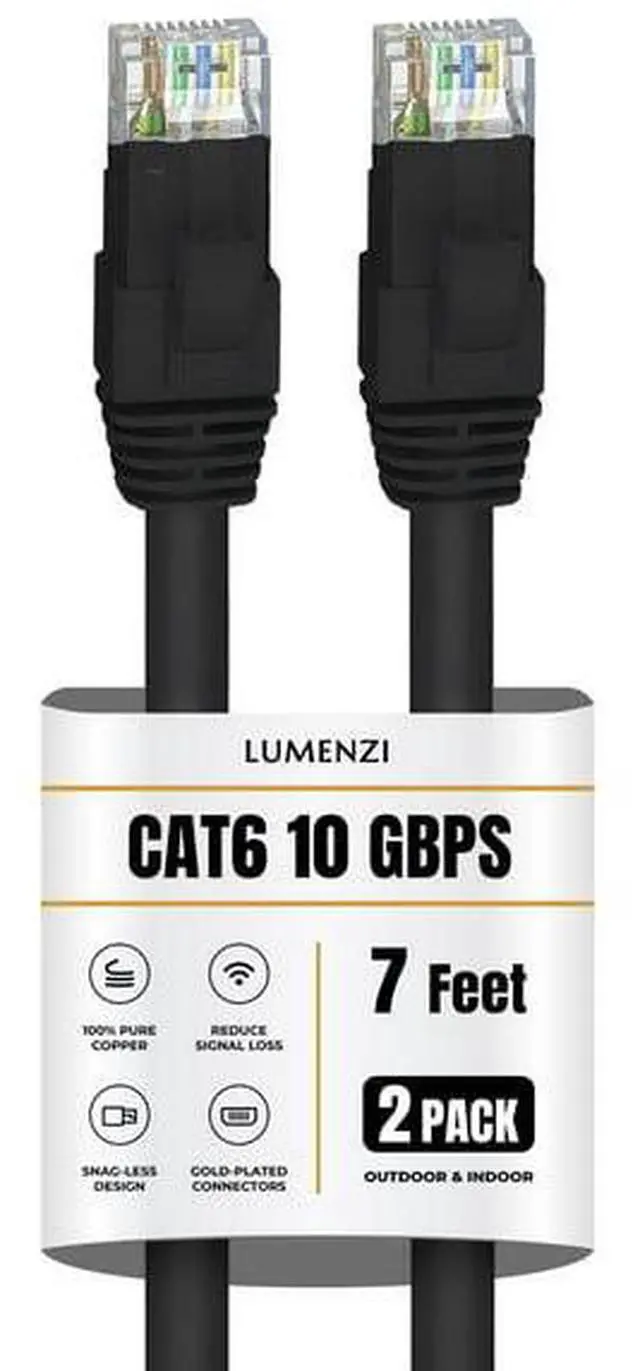 Main image of Cat 6 Ethernet Cable 7 FT in Black 2 Pack  10 Gbps Speed Network  Round Rj45 Outdoor  Indoor  Direct Burial Bare Copper LAN Patch Cable for Router  Gaming  PS5 XBOX Printer Computer CCTV  Switch