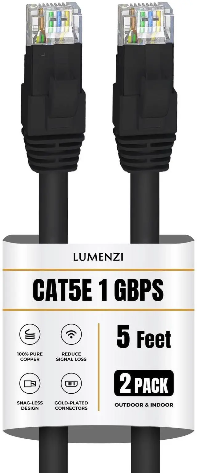 Main image of Lumenzi Cat 5e Ethernet Cable 5 FT in Black 2 Pack  1 Gbps Speed Network  Round Rj45 Outdoor  Indoor  Direct Burial Bare Copper LAN Patch Cable for Router  Gaming  PS5 XBOX Printer Computer CCTV