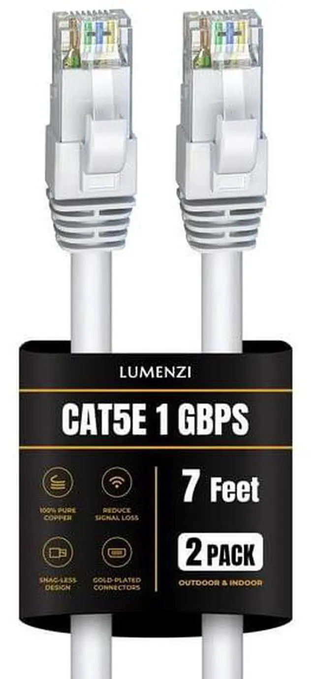 Main image of Lumenzi Cat 5e Ethernet Cable 7 FT in White 2 Pack  1 Gbps Speed Network  Round Rj45 Outdoor  Indoor  Direct Burial Bare Copper LAN Patch Cable for Router  Gaming  PS5 XBOX Printer Computer CCTV