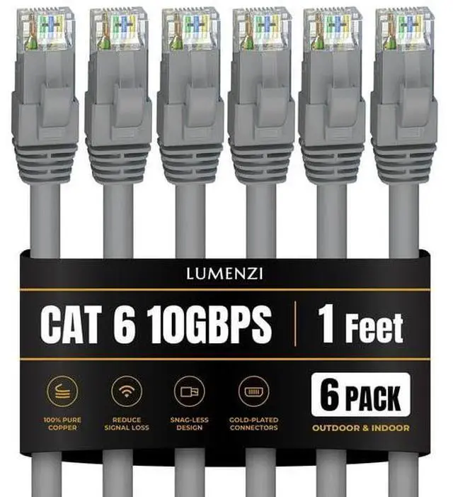 Main image of Lumenzi Cat 6 Ethernet Cable 1 FT in Grey 6 Pack  10 Gbps Speed Network  Short Round Rj45 Outdoor  Indoor  Direct Burial Bare Copper LAN Patch Cable for Router  Gaming  PS5 XBOX Printer Computer CCTV